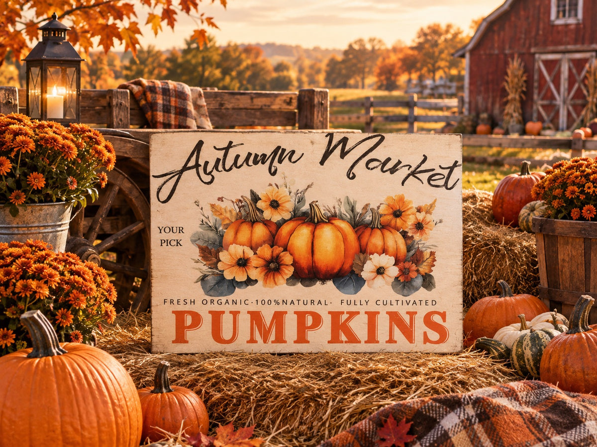 Autumn Market Pumpkins Wooden Wall Art