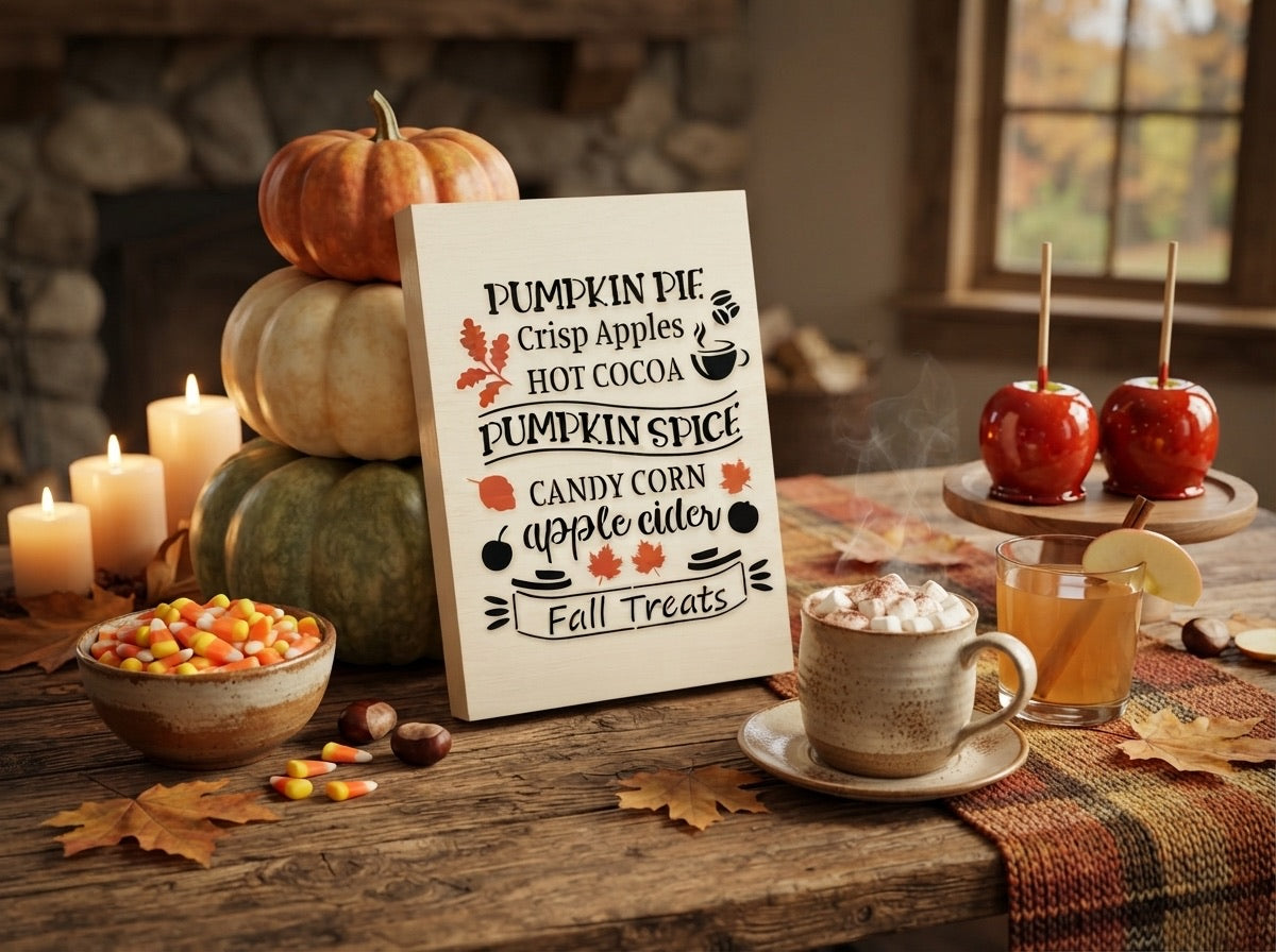 Pumpkin Pie, Crisp Apples, Hot Cocoa Wooden Autumn Decoration